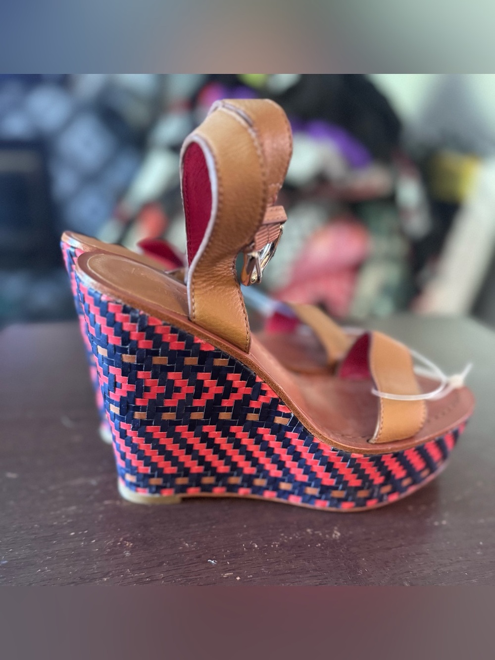 Coach Tan Leather Wedge Sandals with Navy & Coral Woven Platform 5.5 new Shoes